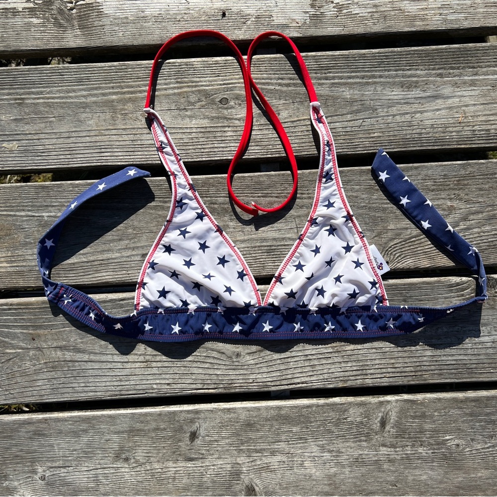 Bare Nothings Patriotic Stars Colorblock Halter Bikini Top Size Small